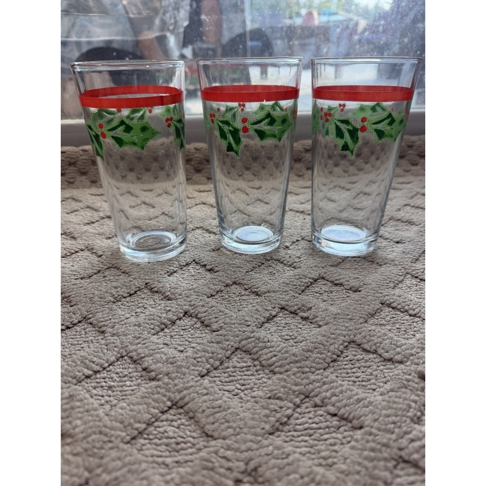 SET OF 3 Vintage KIG Christmas Glasses - Red Band Holly Berries - INDONESIA